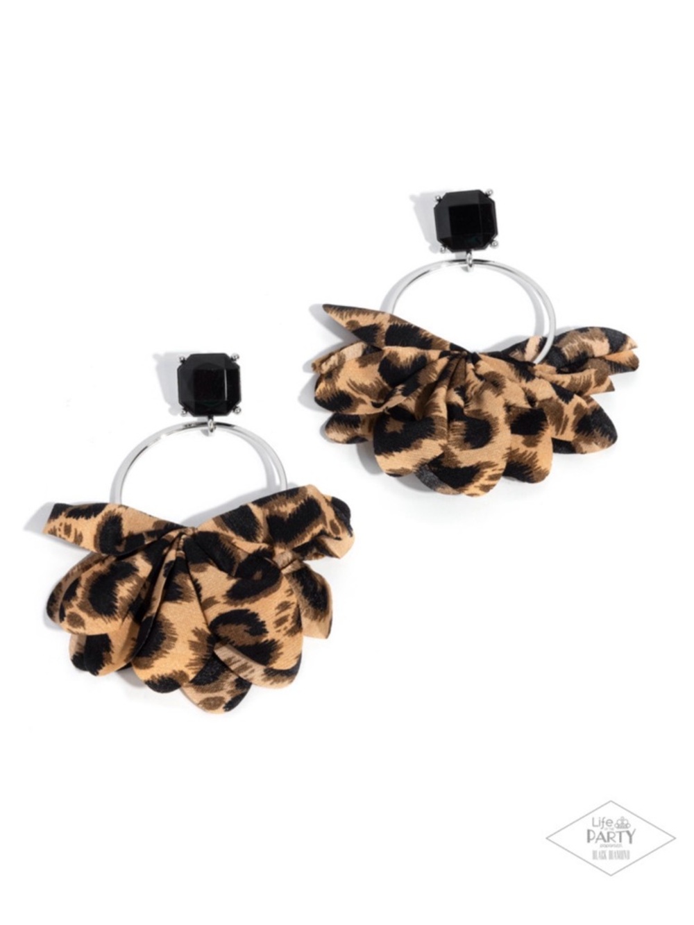 E-75 Leopard Print Fan Drop Earrings with Black Stone Accent